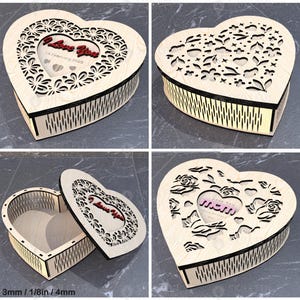 Lot de 3 fichiers Svg découpés au laser en forme de coeur, des fichiers Svg en forme de coeur pour la découpe laser, une boîte à bijoux parfaite ou une boîte souvenir pour un cadeau de la Saint-Valentin