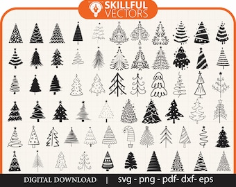 May include: A set of 50 black and white hand-drawn Christmas tree illustrations. The trees are in various styles, including simple outlines, detailed designs, and whimsical shapes. The illustrations are perfect for creating holiday crafts, cards, and decorations.