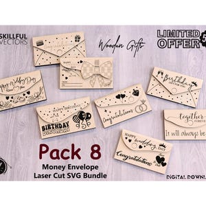 Pacote gigante com 8 envelopes para dinheiro cortados a laser em formato SVG, porta-dinheiro para casamento (Glowforge), envelope para presente de aniversário (DXF) e CNC.