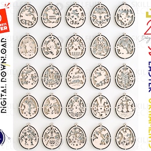 May include: A collection of 25 laser-cut 3D Easter ornaments. Each egg-shaped ornament features intricate designs of bunnies, flowers, and Easter greetings. The ornaments are made of light-coloured wood with black outlines.