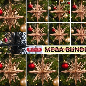 Könnte beinhalten: Eine Sammlung von zwölf 3D-Sternornamenten mit komplexen lasergeschnittenen Designs in Holzoptik und Schwarz. Die Ornamente zeigen verschiedene weihnachtliche Muster, darunter Engel, Bäume und geometrische Formen, als großes Set.