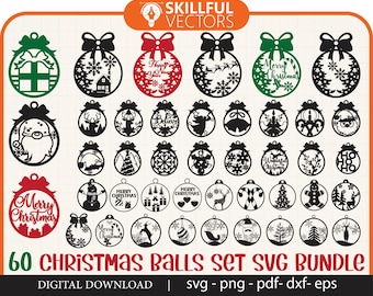Pode incluir: Um conjunto de 60 arquivos de corte SVG de bolas de Natal em preto e branco. Os designs incluem uma variedade de temas natalinos, como Papai Noel, renas, flocos de neve e árvores de Natal. O texto "Feliz Natal" aparece em vários dos designs. O texto "60 Christmas Balls Set SVG Bundle" aparece na parte inferior da imagem. O texto "Download digital | svg - png - pdf - dxf - eps" aparece na parte inferior da imagem.