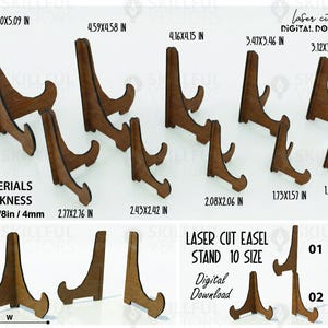 Puede incluir: Un conjunto de diez caballetes de madera cortados con láser, de varios tamaños. Los caballetes son de color marrón cálido y presentan un diseño curvo. Las medidas se indican en cm, con el caballete más grande de 13 x 12.9 cm y el más pequeño de 3.5 x 3 cm. También se ve el texto "Laser Cut Easel Stand 10 Size".