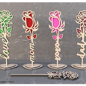 Twee gelaagde bloemen lasergesneden Svg, Mom Rose lasergesneden cadeau, 2 soorten houten naam staan bloemen, vectorbestanden voor hout lasersnijden, geschenken