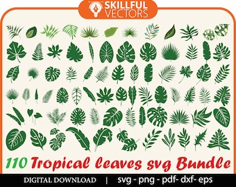 110 Tropical leaves svg bundle, monstera leaf svg clipart, jungle leaves clipart, palm branch svg, tropical party decor, commercial use svg