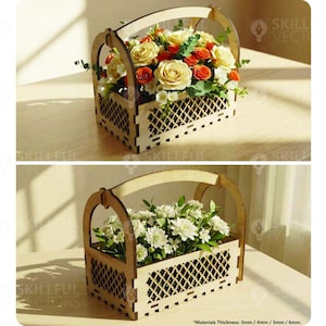 May include: Two wooden flower baskets with arched handles. One basket holds orange and cream-colored roses and greenery. The other basket contains white flowers. The baskets have a lattice design. The text at the bottom says "Materials Thickness: 3mm / 4mm / 5mm / 6mm."