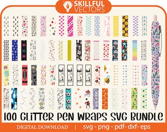 Könnte beinhalten: Ein Set mit 100 digitalen Stift-Wrap-Designs im SVG-Format. Die Designs zeigen eine Vielzahl von Mustern, darunter Herzen, Sterne, Tiere und geometrische Formen. Die Designs sind perfekt, um Ihren Stiften eine persönliche Note zu verleihen und sie hervorzuheben.