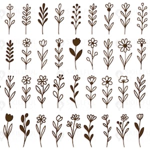May include: A collection of brown floral and botanical line art illustrations. The image features various stylized flowers, leaves, and sprigs, perfect for digital design projects. The designs are simple and elegant, suitable for a variety of creative applications.