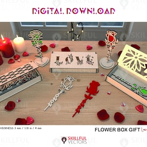 Caja de regalo con flores cortadas a láser SVG, soporte de madera con nombre rosa (descarga digital)