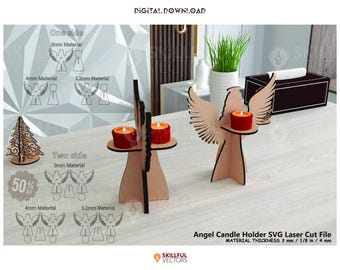 May include: Two wooden angel candle holders with red candles, and a small wooden Christmas tree. The image also includes diagrams for laser cutting and the text "Angel Candle Holder SVG Laser Cut File".