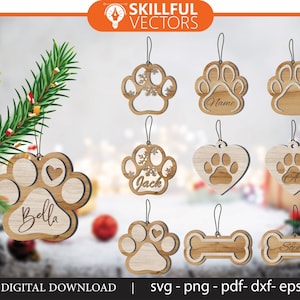 Patte d'animal de compagnie décoration d'arbre de Noël fichier numérique SVG Laser Glowforge mémoire suspendu chien chat animal de compagnie Lightburn ornement, ornement svg, Glowforge