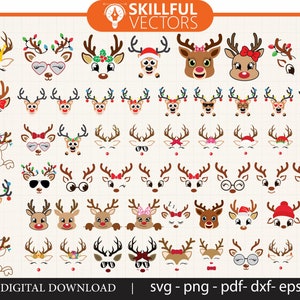 70 Weihnachten Rentier Gesichter SVG Großes Bündel, Mädchen Rentier, Rentier Brille, Baby Rentier svg, Rentier Zuckerstange, junge Rentier svg, xmas