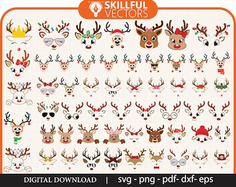 70 Christmas Reindeer Faces Svg Big Bundle, Girl Reindeer, Reindeer Glasses, Baby Reindeer svg, Reindeer Candy Cane, Boy Reindeer Svg, xmas