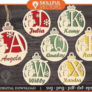 Monogram Christmas Ornament SVG: Snowman Laser Cut File (Digital Download)