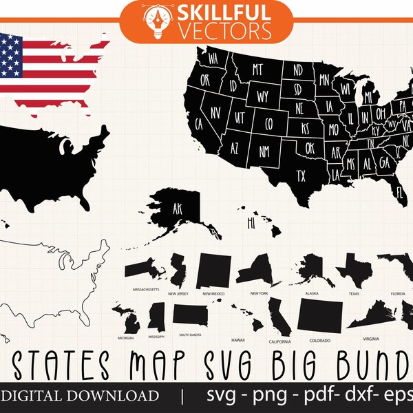 USA States SVG Bundle, 50 States SVG Bundle, Cut Files, Cricut, Clip art, Commercial use, America Svg, States Outline Svg, maps silhouette