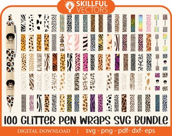 Könnte beinhalten: Ein digitales Download-Paket mit 100 SVG-Dateien mit Glitzer-Stiftverpackungen in verschiedenen Tierdruckdesigns. Die Designs umfassen Leopard, Zebra, Giraffe, Gepard und mehr. Der Text "100 GLITTER PEN WRAPS SVG BUNDLE" wird am unteren Rand des Bildes angezeigt.
