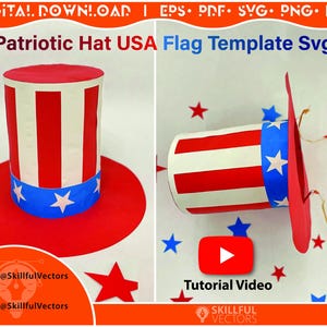 Modèle de drapeau des Etats-Unis de chapeau patriotique, modèle SVG de chapeau haut de forme, modèle de chapeau de papier du 4 juillet, modèle de chapeau de cylindre, chapeau pour le jour de l'indépendance, chapeaux