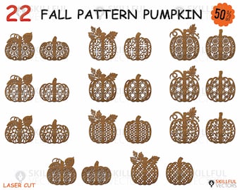May include: A collection of 22 laser-cut wooden pumpkin designs with various patterns and leaf accents. The text "FALL PATTERN PUMPKIN" is displayed at the top, with a "50% OFF" sticker. The words "LASER CUT" and "SKILLFUL VECTORS" are also visible.