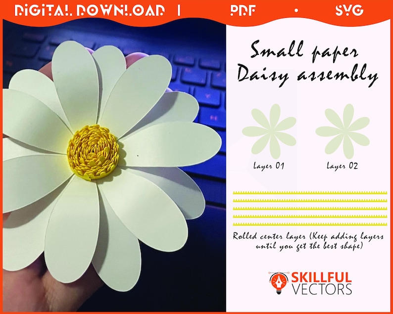May include: A large paper daisy with white petals and a yellow center. The image includes instructions for assembling the daisy, with the text "Small paper Daisy assembly" and "Rolled center layers (Keep adding layers until you get the best shape)".