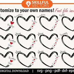 Bundle Svg nom petit-enfant coeur personnalisé, lot de vecteurs personnalisé maman Cricut Design, Silhouette Clipart mère Mimi, grand-mère chemise Svg, png