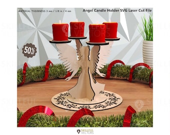 May include: A wooden angel candle holder with four red candles. The angel has detailed wings and stands on a decorative base. The text "Angel Candle Holder SVG Laser Cut File" is visible. The material thickness is 1/8 inch.