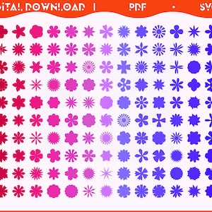 May include: A digital download graphic featuring a collection of flower silhouettes in shades of red, pink, and blue. The image includes the text "DIGITAL DOWNLOAD | PDF | SVG". The flowers vary in shape and size, creating a decorative pattern.