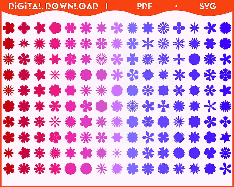 May include: A digital download graphic featuring a collection of flower silhouettes in shades of red, pink, and blue. The image includes the text "DIGITAL DOWNLOAD | PDF | SVG". The flowers vary in shape and size, creating a decorative pattern.