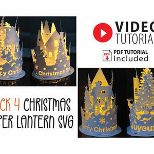 Lot de 4 modèles svg de lanterne de Noël, fichier 3D découpé, lanterne en papier en couches avec renne et sapin de Noël dans la forêt en hiver