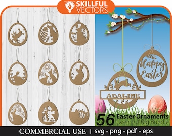 56 Easter Ornaments Laser Cut Svg Big Bundle, Easter egg, Easter Laser Cut svg Files, Hanging Easter Egg Svg, Easter Hanger Svg, dxf eps png