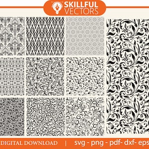 May include: A set of ten black and white seamless patterns. The patterns are all different and feature various floral, geometric, and damask designs. The patterns are perfect for use in digital and print projects.