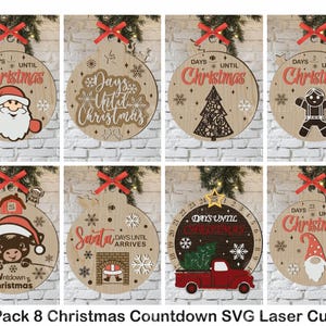 Pack 8 Noël compte à rebours SVG, jours jusqu'à Noël compte à rebours calendrier SVG, compte à rebours pour Noël fichier, fichier découpé au Laser, ferme découpé au Laser