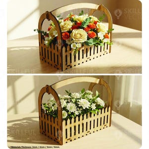 Peut inclure: Un panier à fleurs en bois avec un motif de clôture, rempli de fleurs colorées. Le panier a une poignée et est fait de bois clair. L'image montre deux paniers, l'un avec des roses orange et jaunes, et l'autre avec des fleurs blanches.