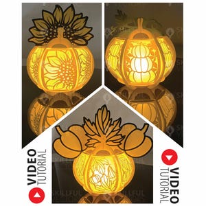 May include: Three different pumpkin-shaped light-up decorations with intricate cut-out designs. The first pumpkin has a sunflower design, the second has a pumpkin design, and the third has a leaf design. Each pumpkin is illuminated from within, creating a warm glow.