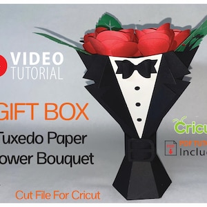 Smoking Papier Blumenstrauß svg, Valentinstag Geschenk BOUQUET und ROSES, Rosenstrauß Box 3D, Geschenkbox Vatertag, Smoking svg, Geschenk für ihn