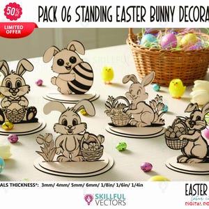 May include: A collection of six wooden Easter bunny decorations. Each bunny is laser cut and stands on a round base. The bunnies are holding baskets, eggs, and flowers. The image includes the text "PACK 06 STANDING EASTER BUNNY DECORATION".