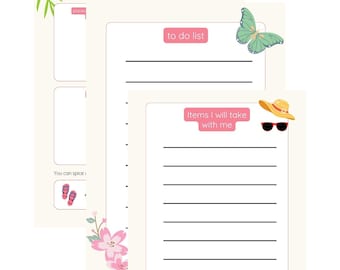 May include: A summer vacation planner with the title "Summer vacation Planner" in green. The planner includes a to-do list and a section for items to take. Decorative elements include a butterfly, sunglasses, a hat, and luggage.