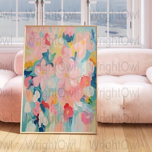 Colorful floral digital print, bright acrylic painting download, teen girl room dorm decor, preppy modern apartment wall art decor, flowers