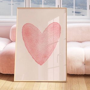 Pink Watercolor Heart Digital Print, Coquette Room Decor for Apartments | Pink Room Decor, Trendy Dorm Room Wall Art | Vintage Girls Poster