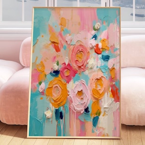 Colorful floral abstract digital print, soft pastel acrylic painting, teen girl room dorm decor, preppy modern wall art, apartment decor
