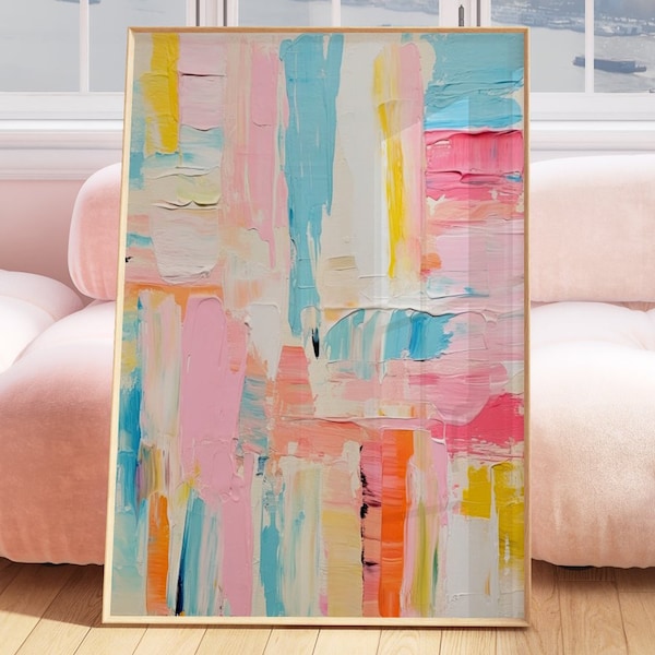 Colorful abstract digital print, soft pastel acrylic painting download, teen girl room dorm decor, preppy modern wall art, apartment decor