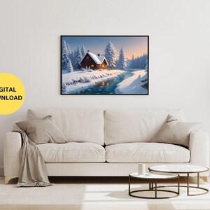 May include: A digital print of a snowy winter scene with a small cabin nestled in a forest. The cabin has a warm glow from the windows and a river flows in front of it.