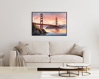 Golden Gate Wandkunst, Brücke, Aquarellkunst, San Francisco Bridge, Golden Gate Horizontale Kunst, Aquarell Golden Gate Bridge San Francisco