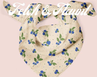 May include: A cream-colored bandana with a blue blueberry pattern and the text "Fetch & Flaunt" in white cursive.