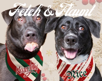 May include: Two black dogs wearing holiday bandanas. One bandana says "Naughty" with red and green stripes. The other says "Nice" with red and white stripes. The image has the text "Fetch & Flaunt" at the top.