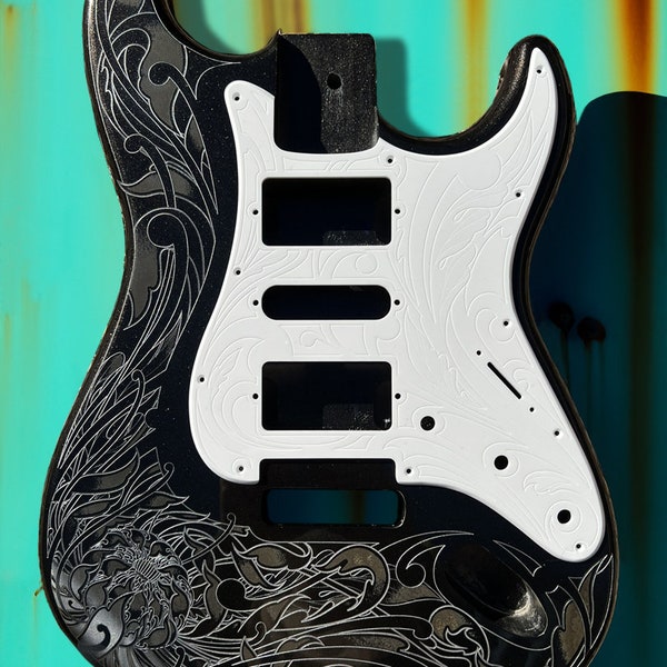 Custom Laser Engraved Black Fender Strat Guitar Body with Glossy White Acrylic Pickguard and Tremolo Cover HSH, HSS, SSS Setups Available