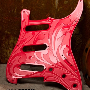 Engraved Glossy Red Acrylic Pickguard & Tremolo Cover for Fender Stratocaster: HSH/HSS/SSS Cut