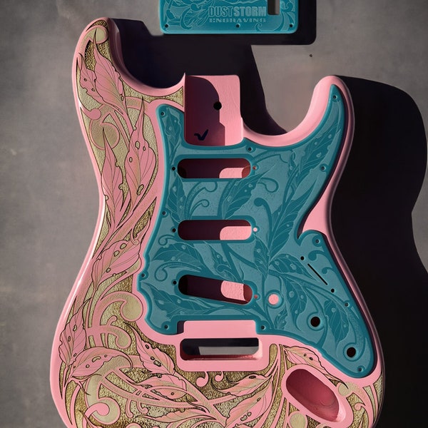 Custom Laser Engraved Pink Fender Strat Guitar Body with Teal Glossy Acrylic Pickguard and Tremolo Cover HSH, HSS, SSS Setups Available