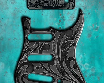 Engraved Stratocaster Pickguard & Tremolo Cover: Glossy Black Acrylic, Scroll Design, HSH/HSS/SSS Cut