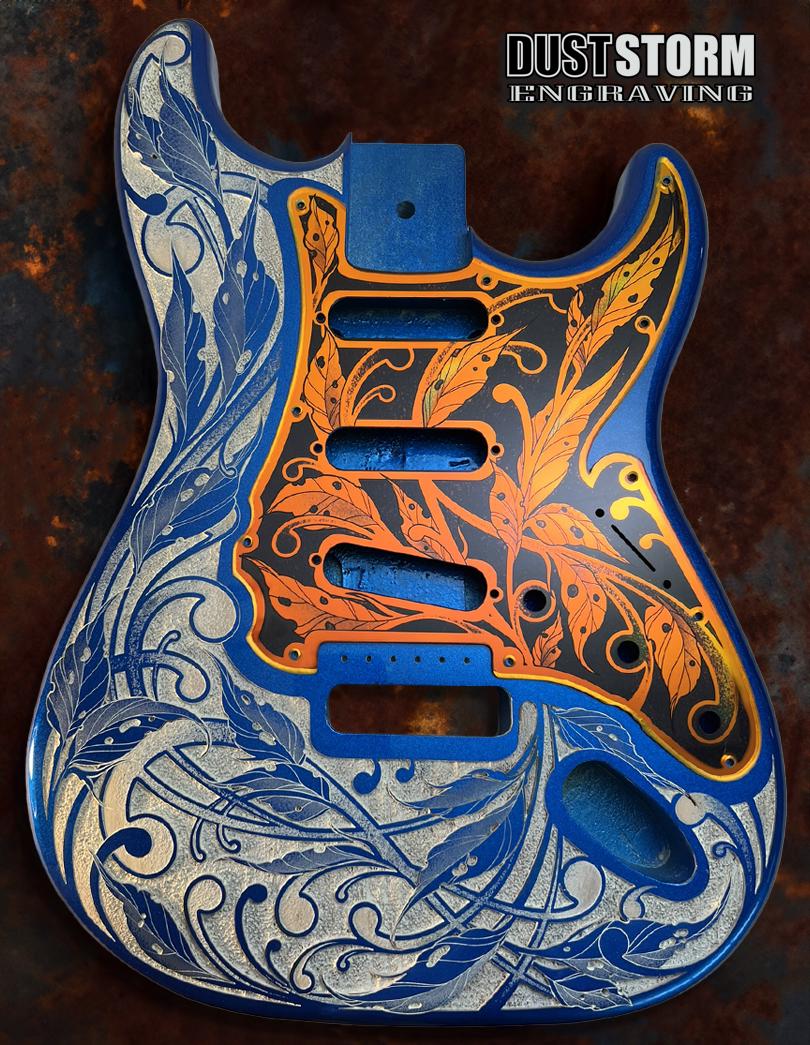 Blue Sparkle Stratocaster Style Engraved Guitar Body: Iridescent Gold Pickguard & Tremolo, HSH/HSS/SSS Cut