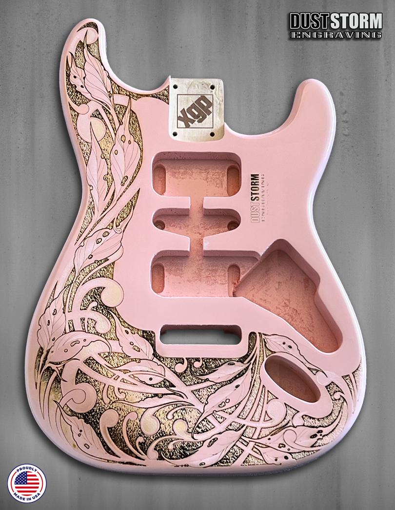 Laser Engraved Pink Strat Guitar Body: Copper Pickguard, Floral